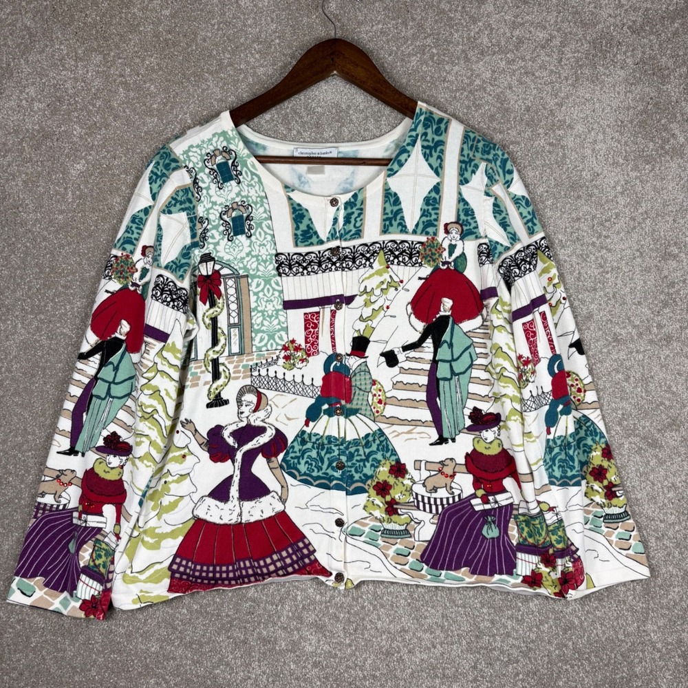 Christopher & Banks Petite Victorian Winter Scene Holiday Cardigan Rhinestone PM